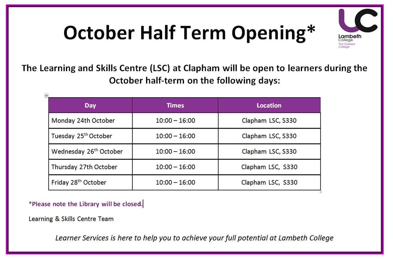 LCLW LSC Opening Hours Half Term